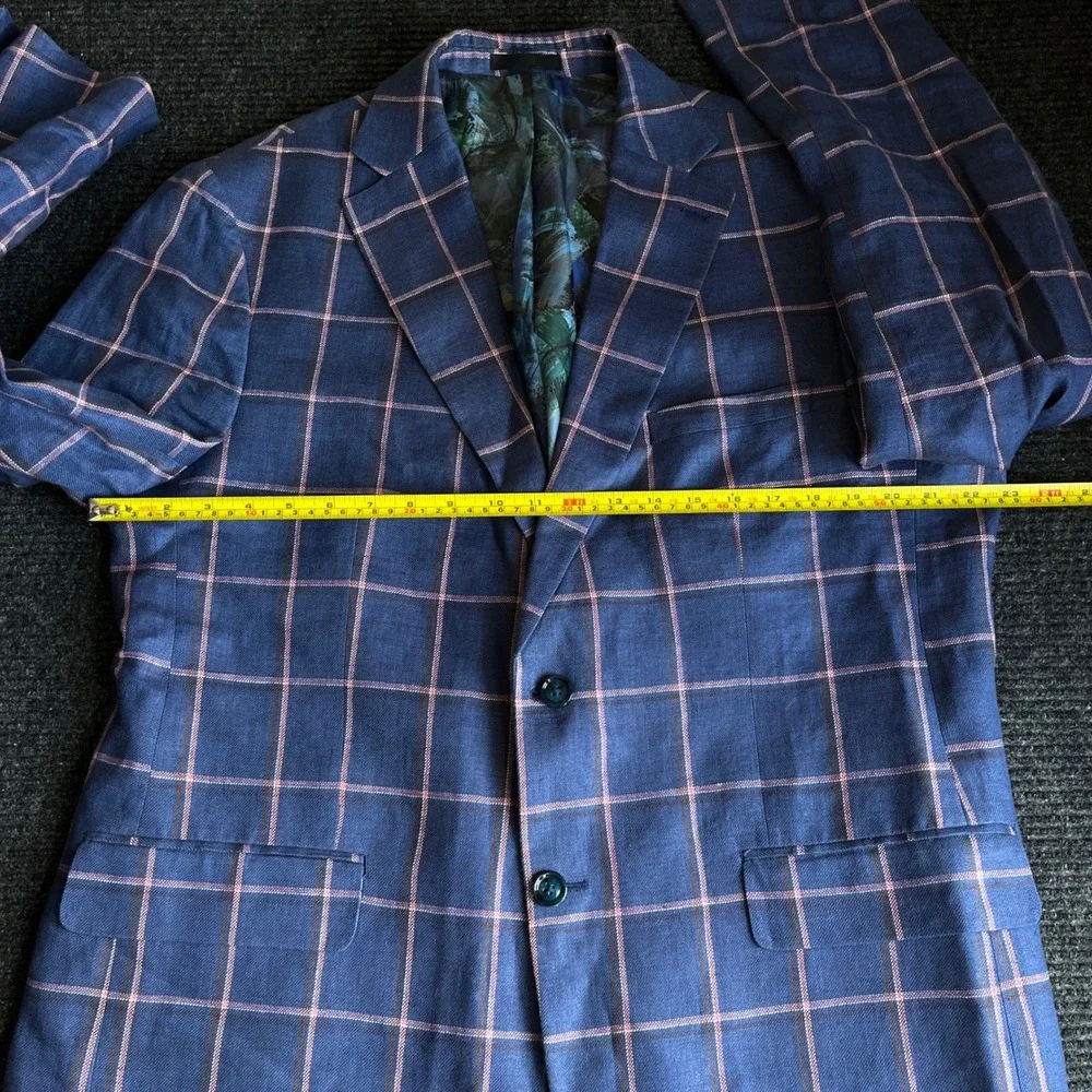 Tallia Mens 44R Blue Pink Windowpane Plaid 100% Linen Sport Coat Blazer Jacket